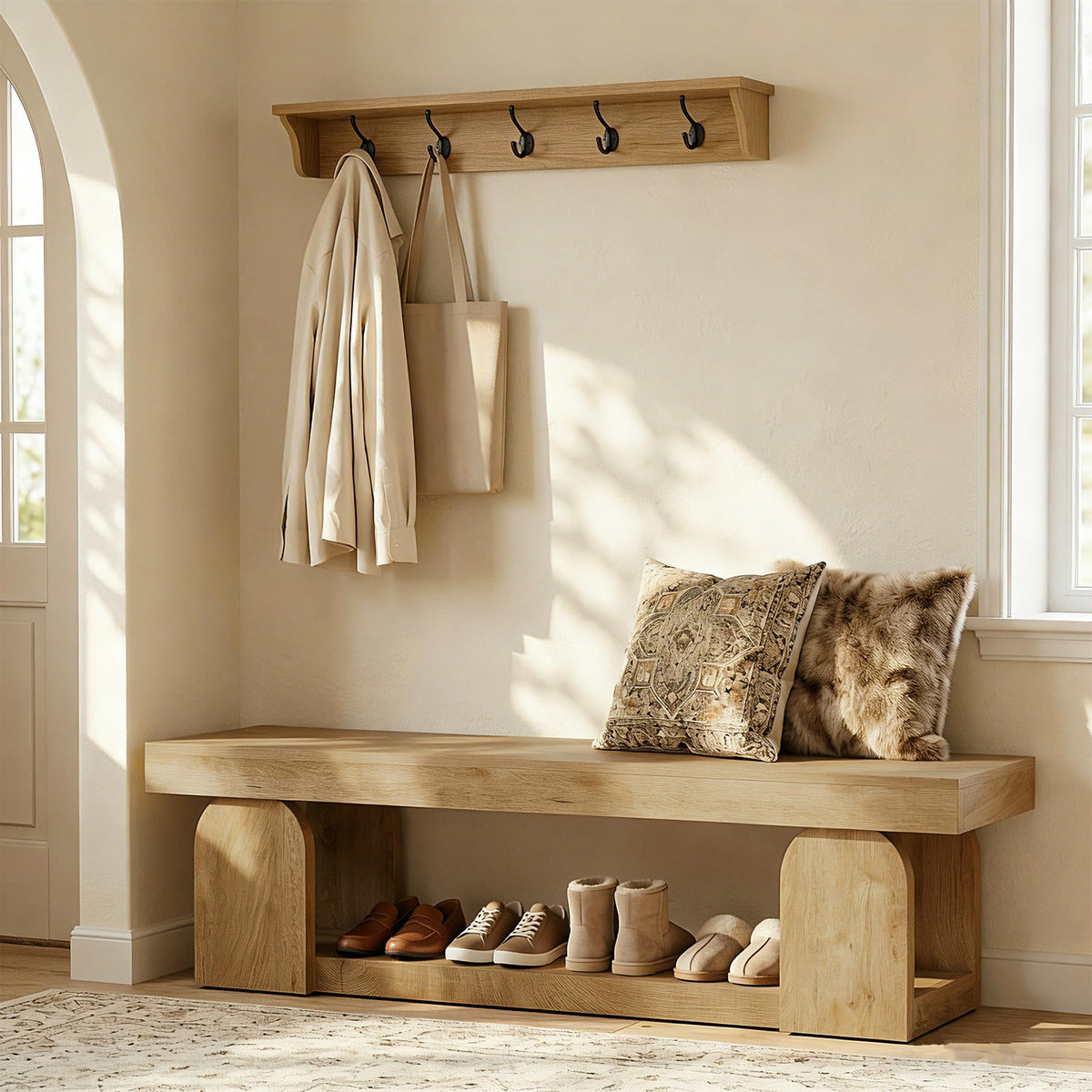 63-Inch Long Entryway Bench, Farmhouse Entry Shoe Bench with Storage Shelf, Wooden Indoor End of Bed Bench Seat