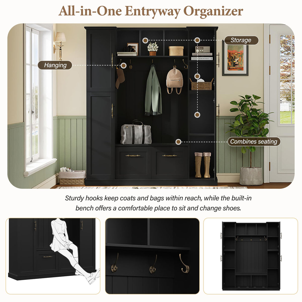 Farmhouse Elegant Hall Tree with Bench, 4 Side Cabinets, Adjustable Shelves & Open Cubbies, Beadboard Entryway Bench