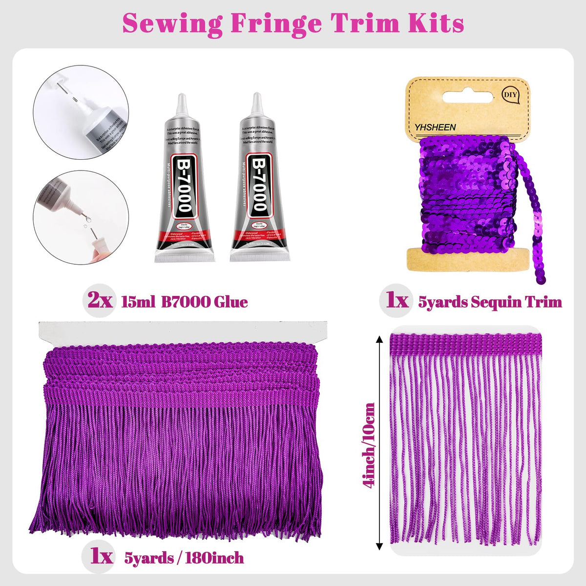 Purple Fringe, 5 Yards X 4 Inch Fringe Trim with B7000 Glue, Tassels Trim for Crafts, Polyester Fibre Sewing Fringe