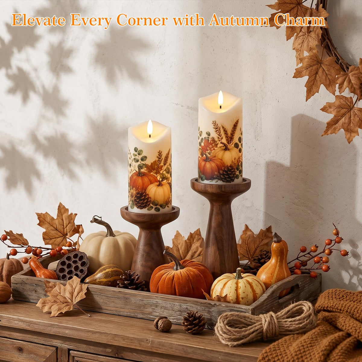 Fall Decor, Flameless Pumpkin Pillar Candles with Remote