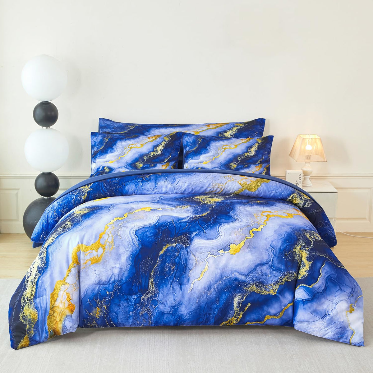 Blue Gold Bedding Set, 6 Pieces Fluffy Marble Bedding Comforter Sets for Women, All Season Soft Luxury Retro