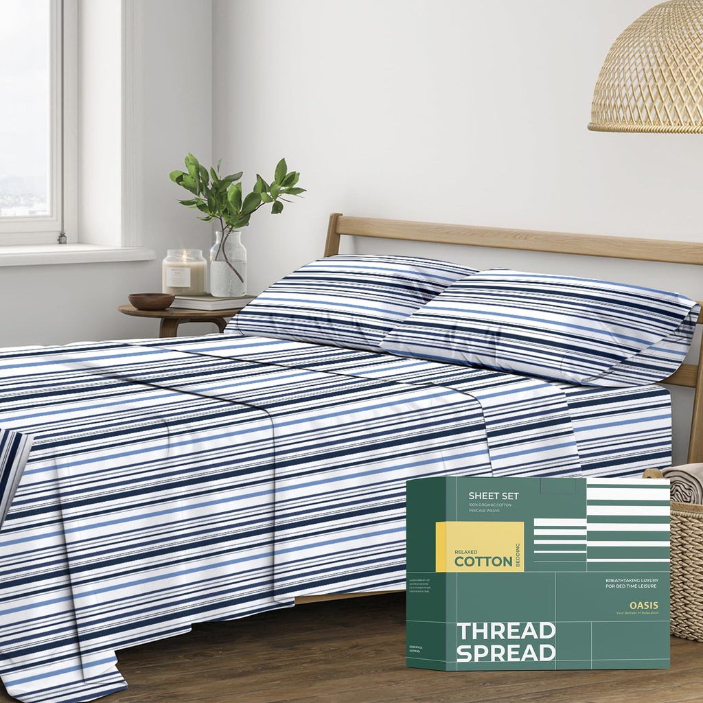 100% Organic Cotton Sheets - Organic Cotton Percale Sheet Set (4 PC, Variegated Stripe), Soft