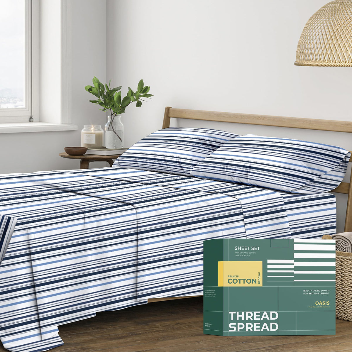 100% Organic Cotton Sheets - Organic Cotton Percale Sheet Set (4 PC, Variegated Stripe), Soft