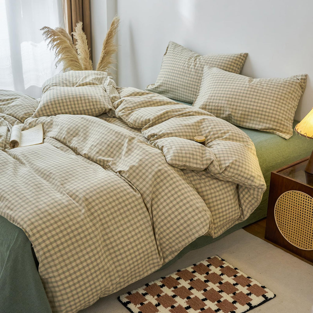 Green Gingham Duvet Cover Set 100% Washed Cotton Grid Duvet Cover Vintage Green Beige Plaid Checkered Bedding