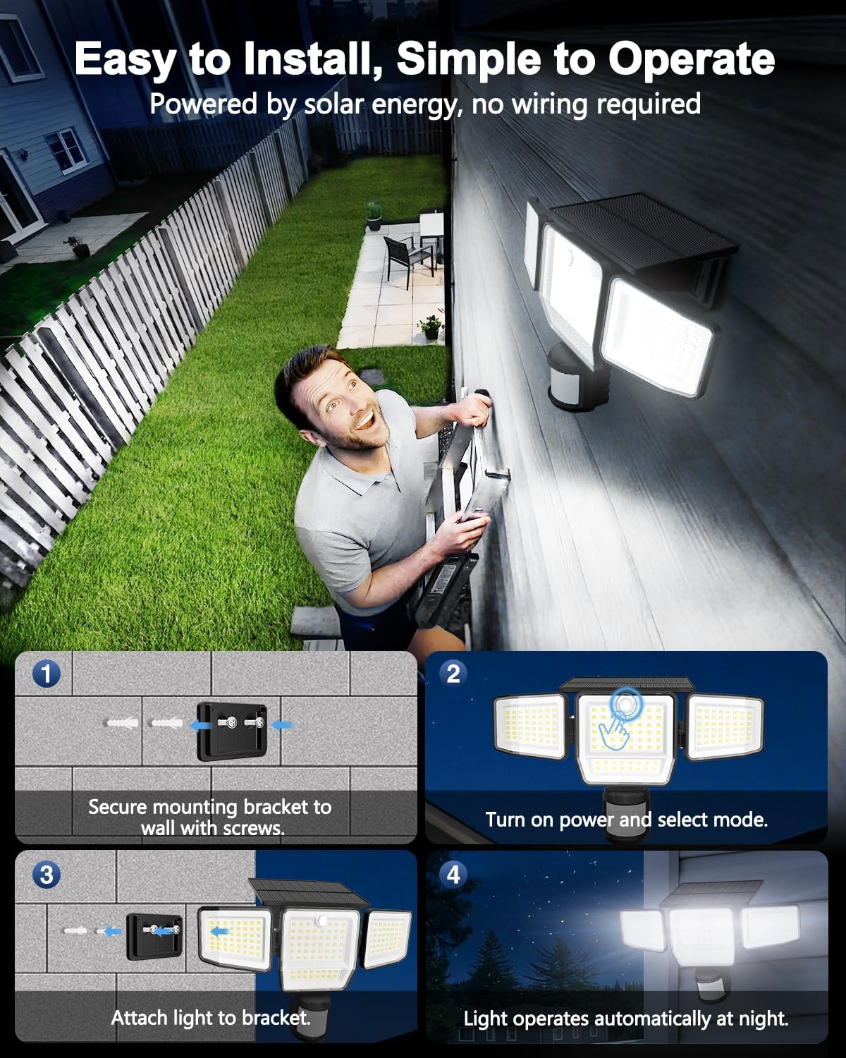 6000LM Solar Lights Outdoor, 4 Heads Motion Sensor Outdoor Lights, Solar Flood Lights for Yard House Outside Garage