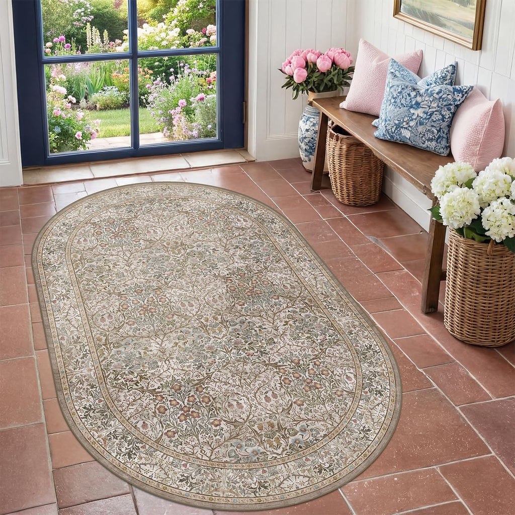 Vintage Moss Green Entryway Oval Rug, Washable Nature Rug, Boho Oriental Low Pile Stain Resistant Non-Slip Small