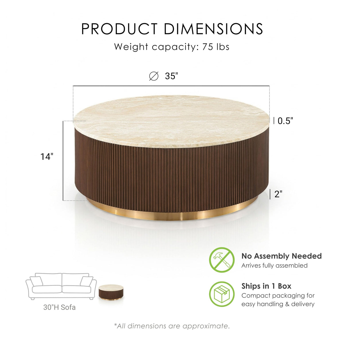 Beryl Travertine Top Coffee Table, Beige and Brown