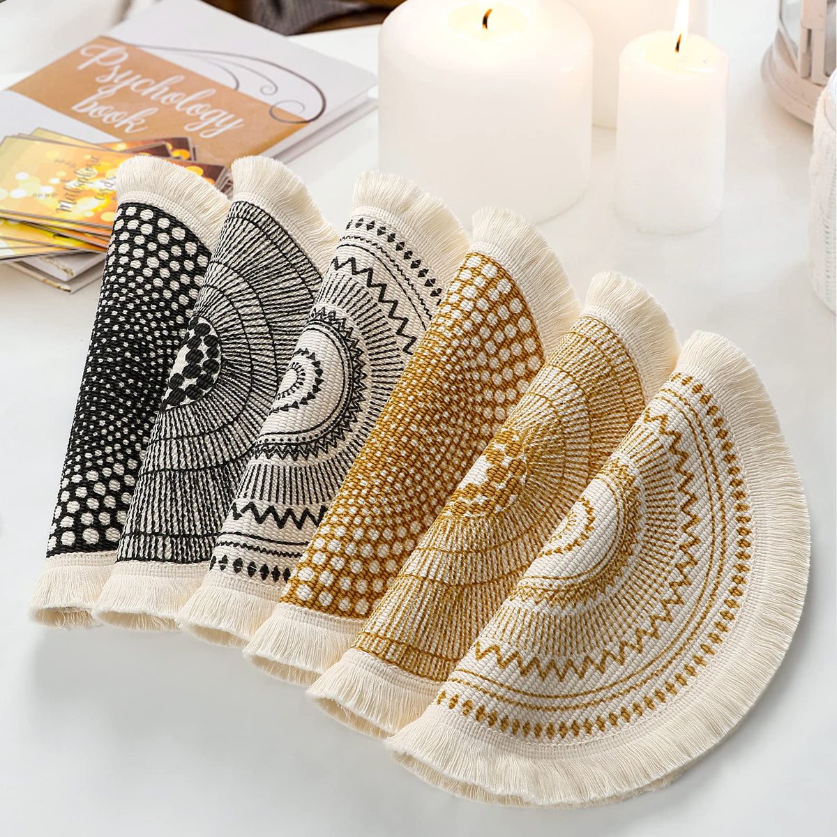 Set of 6 Round Placemats 13 Inch Cotton Woven Mandala Tassels Table Mats