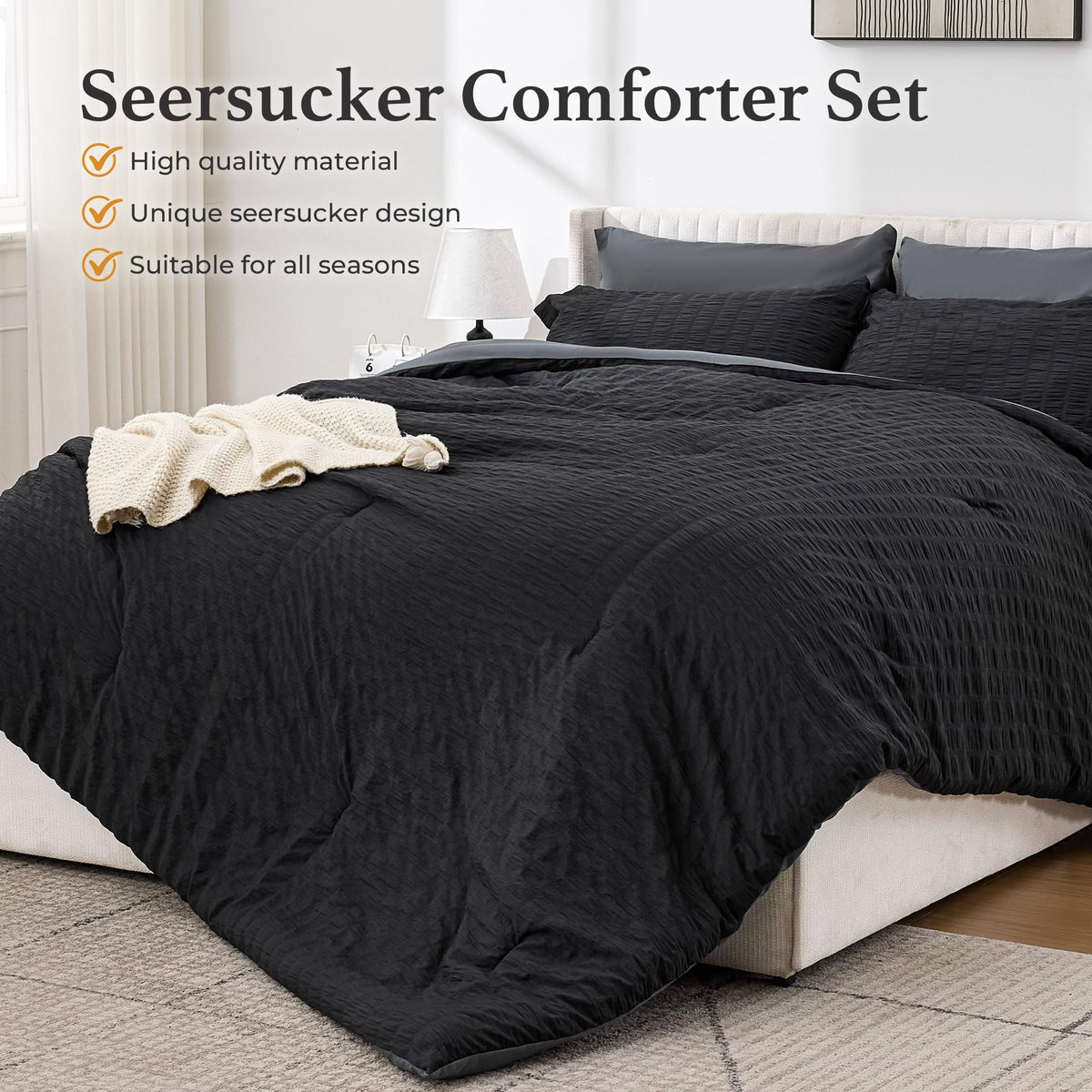 Black Seersucker Comforter Set, 7-Piece Bed in a Bag