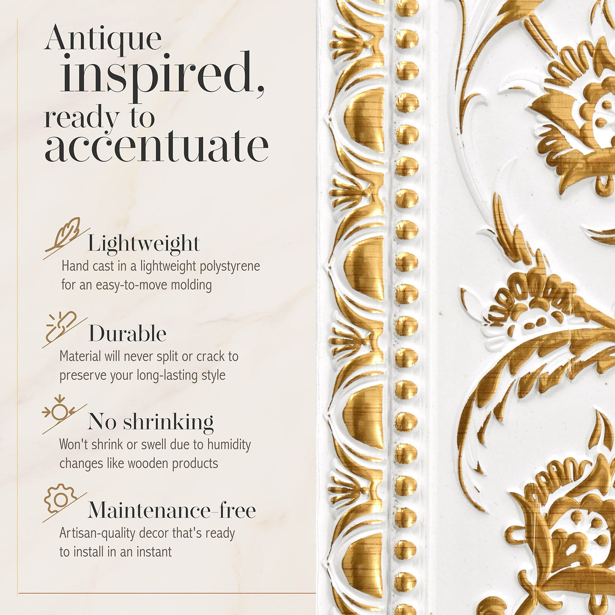 6-Piece Crown Molding Crown Decor Set, Gold Floral on French White