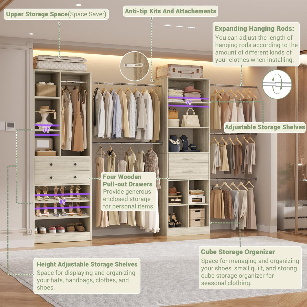 Closet System, Up to 128.6"/10.7 FT Closet Organizer with 4 Wooden Drawers and Shelves, Walk-in Closet System with 6