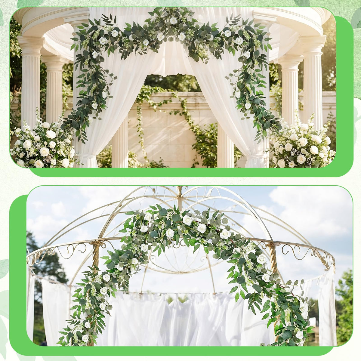 2 Pack Garland Set, 6 ft Artificial White Rose Eucalyptus Garland