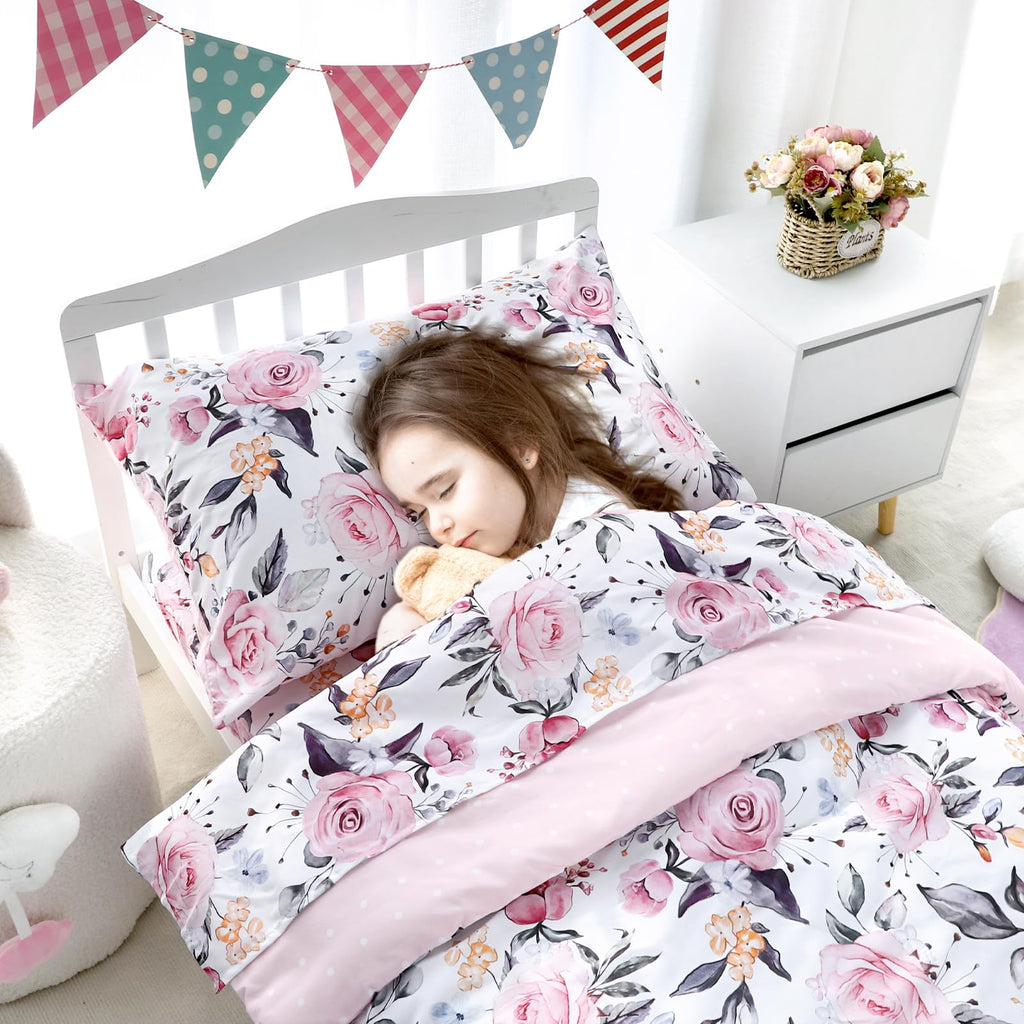 Toddler Bedding Set for Girls, 4 Piece Soft & Breathable Floral Crib Bedding Set, Bed-in-A-Bag Toddler Microfiber
