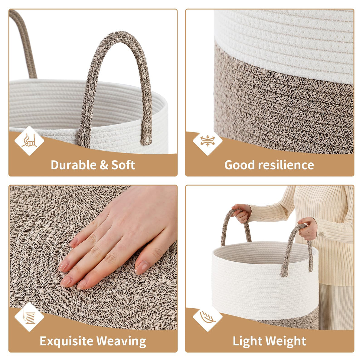 Basket Hamper Tall Rope Storage Woven for Blanket toys Dirty Clothes Bathroom Bedroom (White&Brown, 100L/26.4Gal)