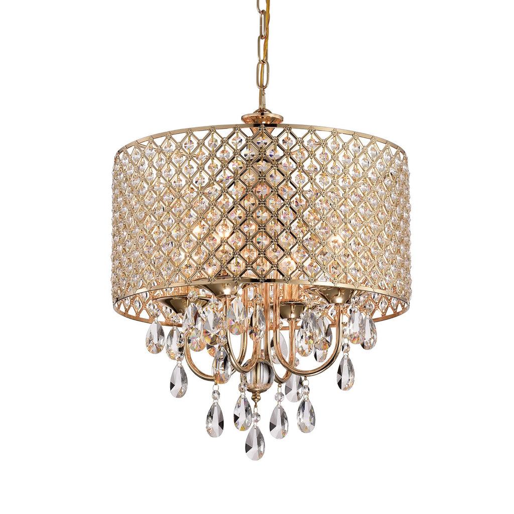 Marya 4-Light Round Crystal Chandelier Ceiling Fixture | Beaded Drum Shade (Gold)