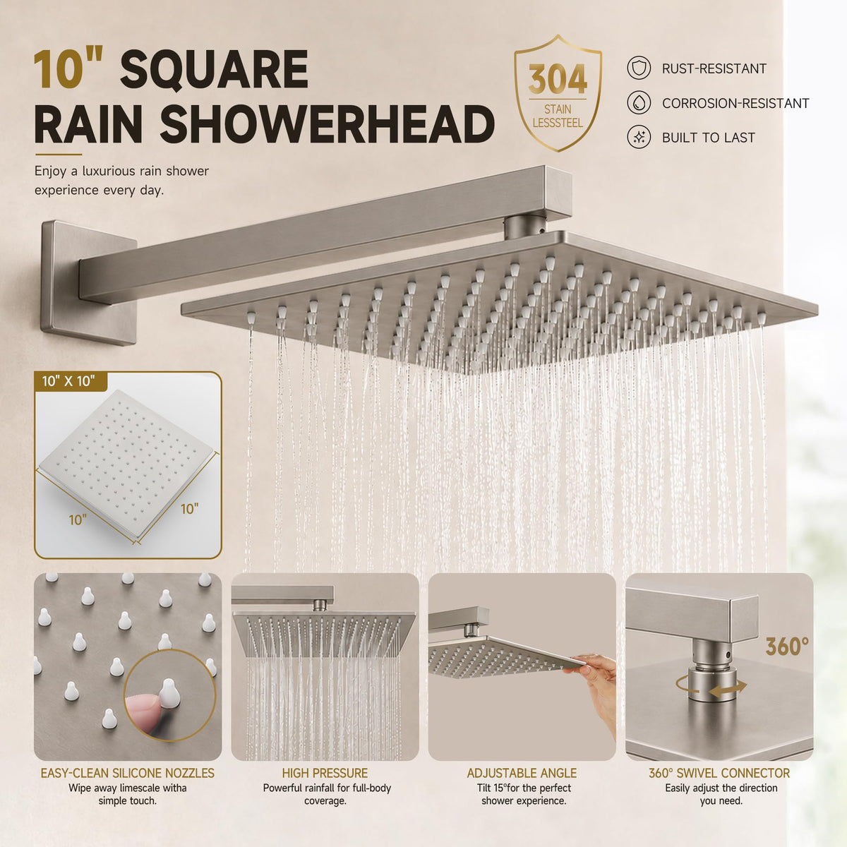 Shower System with Tub Spout, All Metal Bathtub Shower Faucet Set with High Pressure 10 Inch Rain Shower Head