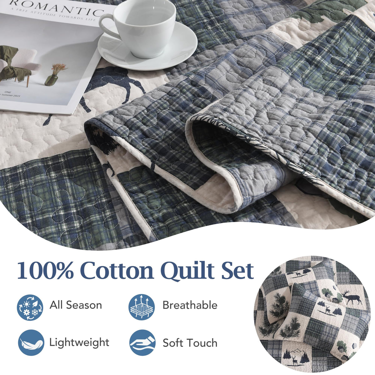 Cabin Quilt Set - 3-Piece Rustic Bedding Set - Lodge Deer Bedspread