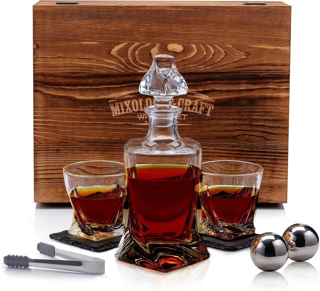 Crystal Whiskey Decanter Set 24oz With Glasses & Chilling Stones - Features Stainless Steel Whiskey Balls, Slate