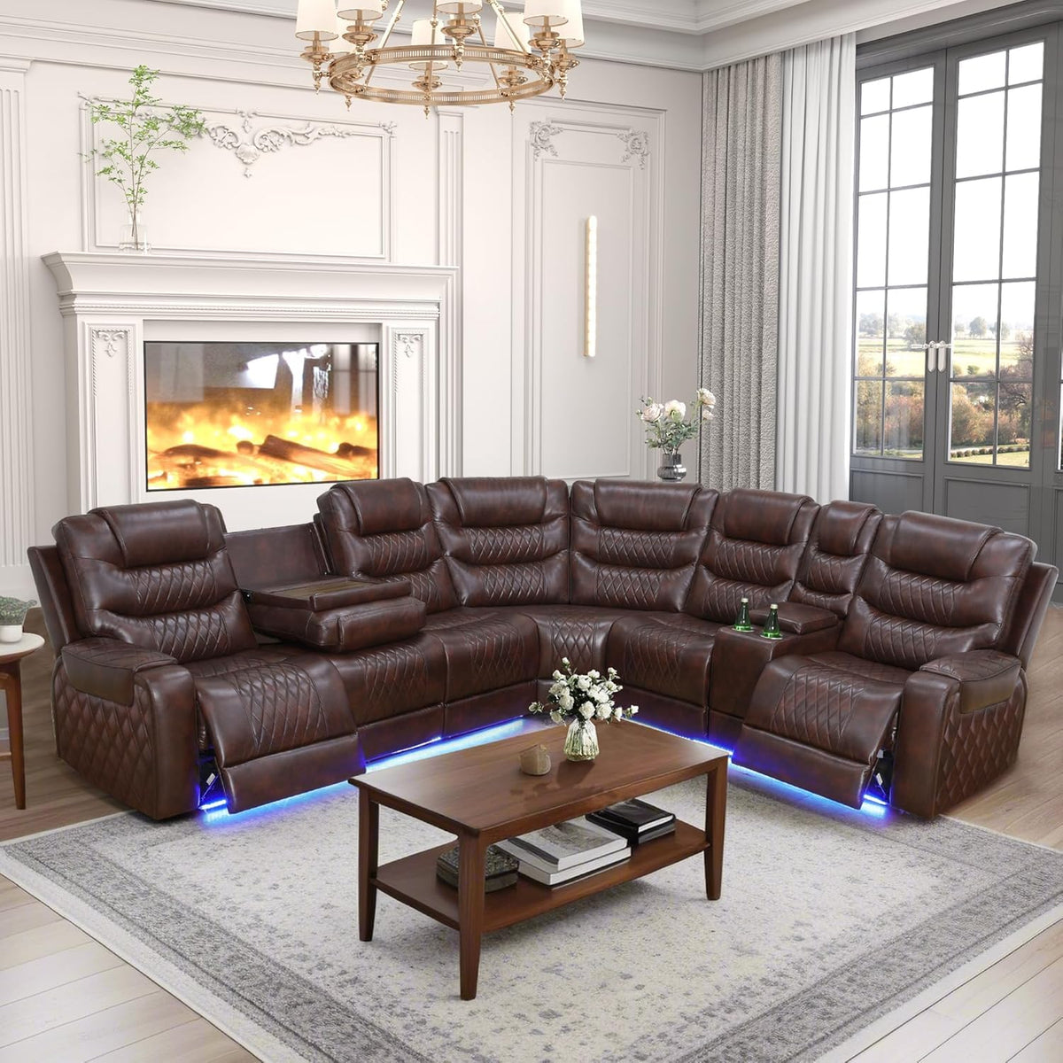 Breathing Leather Reclining Sectional Couch, 6 Seat L Shaped Sofa with 2 Power Recliner Seats, Reclining Sectional