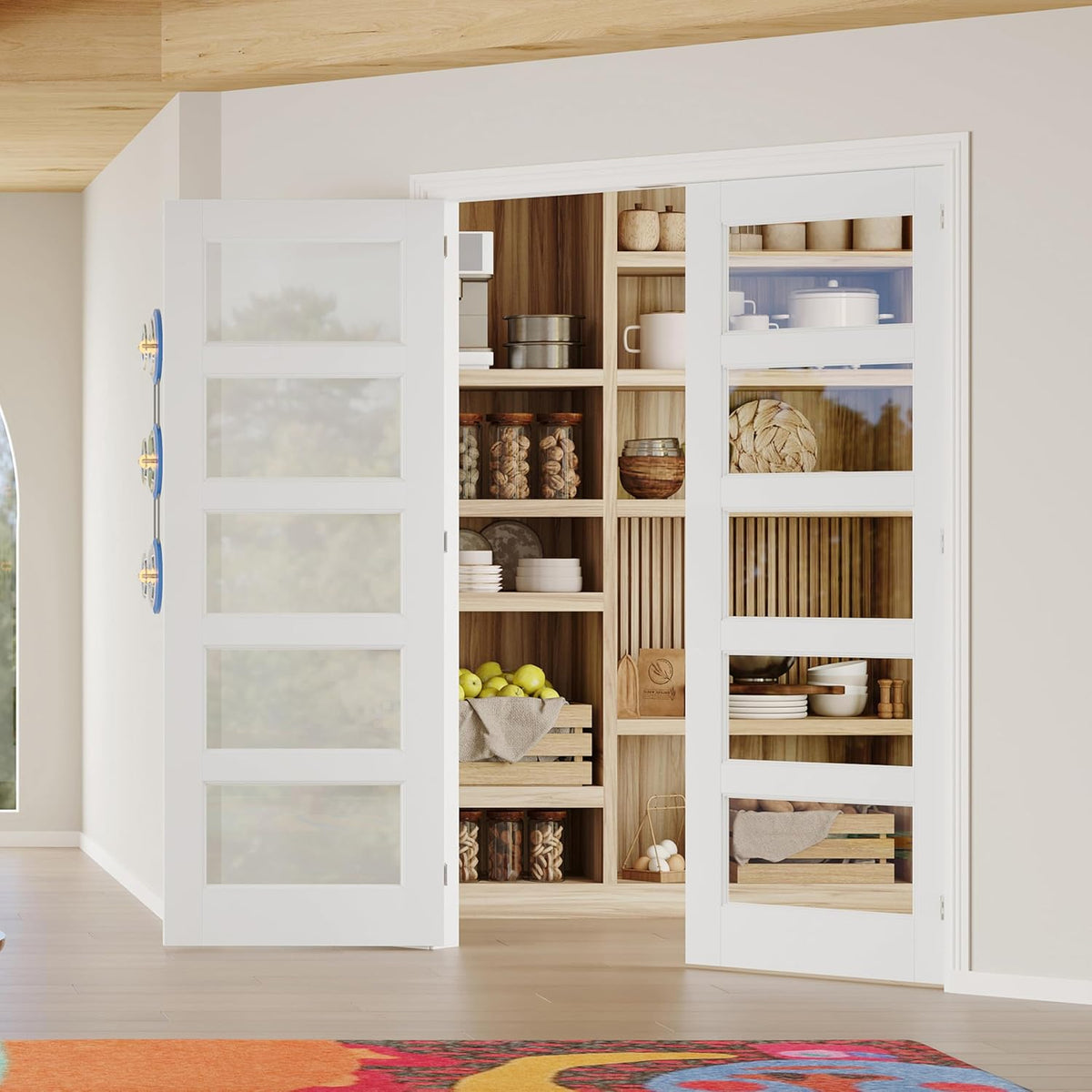 French Doors, 60"x80"Interior Double Doors with Jamb & Hardware Kit, 5-Lite Clear Glass, Solid Core MDF for Bedroom, Laundry Room, Closet- Easy to Install