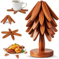 Wooden Tree Trivet Set - Natural Wood Coasters Trivets for Hot Dishes, Christmas Tree Trivet for Hot Pots Pans - Set of 4