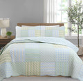 100% Cotton Reversible Quilt Bedding Set, Green Modern Plaid Striped Gingham All-Season Coverlet Bedspread (Juniper