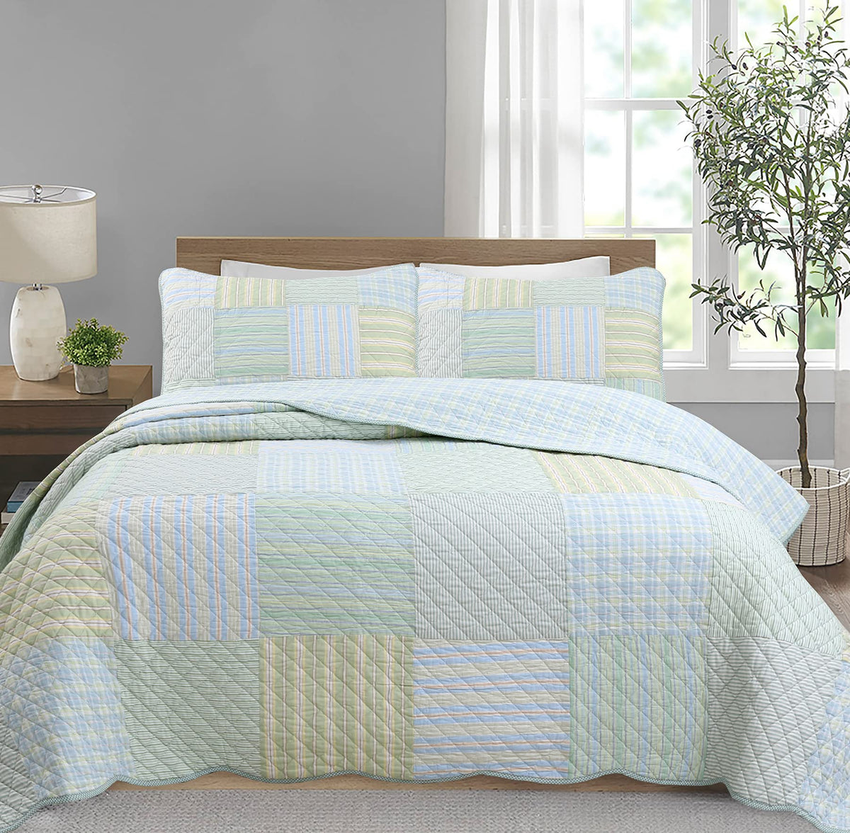 100% Cotton Reversible Quilt Bedding Set, Green Modern Plaid Striped Gingham All-Season Coverlet Bedspread (Juniper