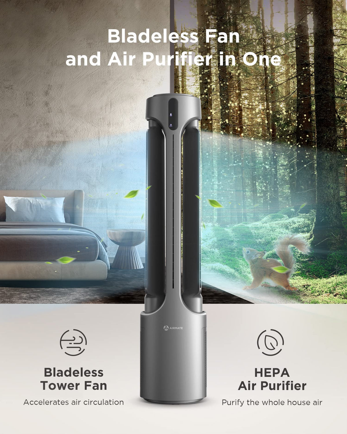 Air Purifier Bladeless Tower Fans, 1500CFM Large Air Volume, 45" 2-in-1 Standing Fan , 28ft/s Velocity, 90°