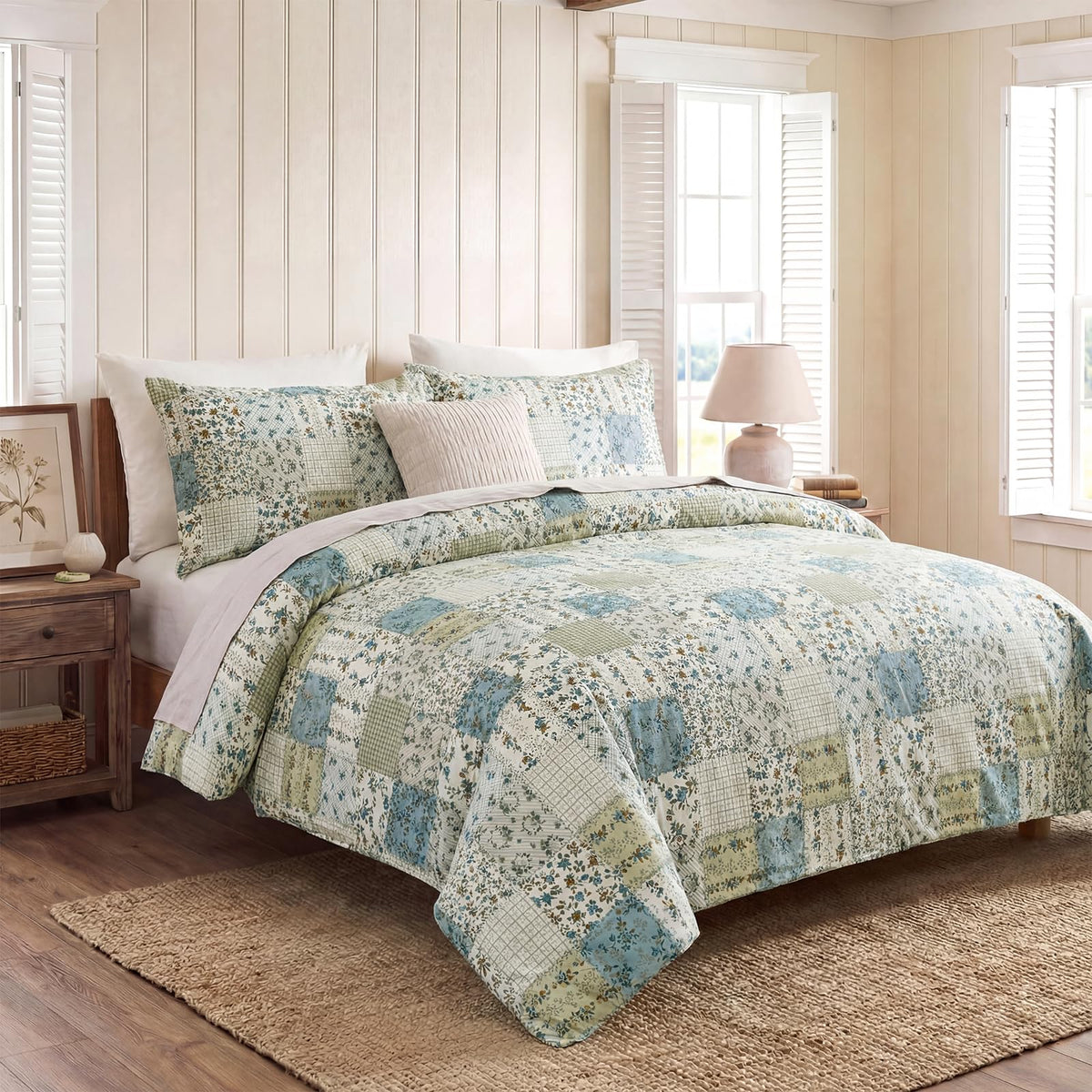 Vintage Floral Comforter Set 100% Cotton Blue Patchwork Bedding Comforter Sets All Season 3 Pieces Shabby Chic