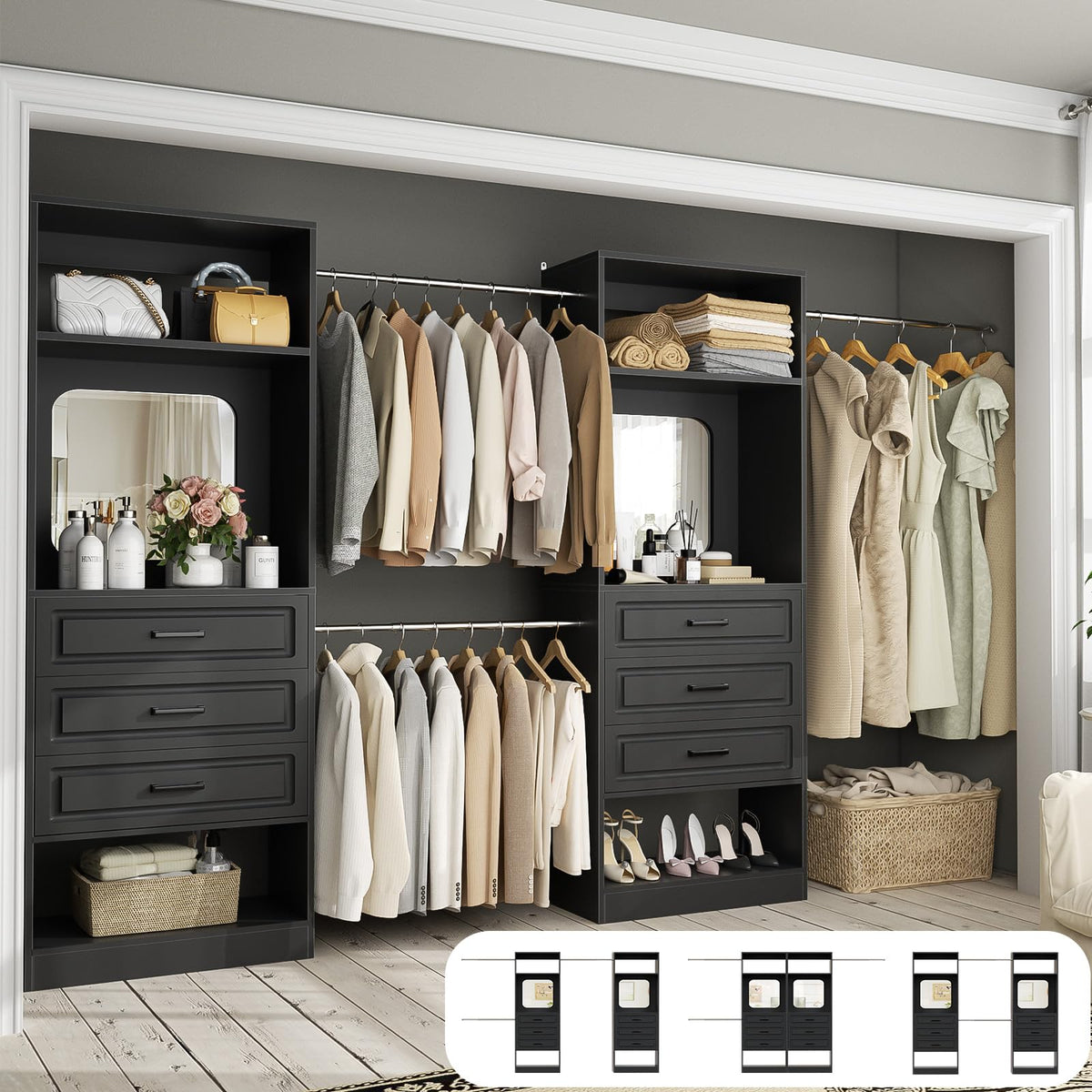 6-14FT Wood Closet System with 6 Drawers and Mirror, Black
