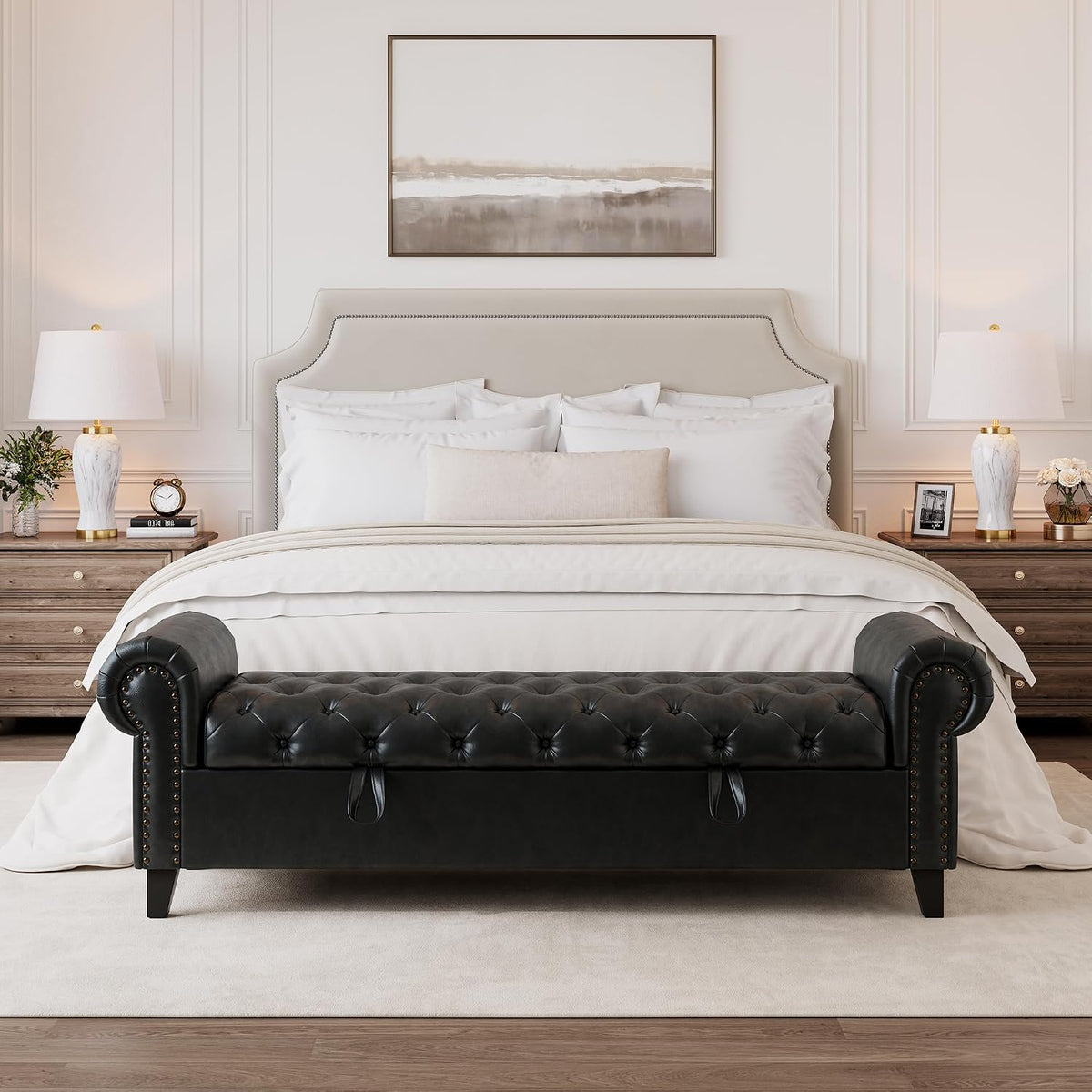 67 Inch Faux Leather Storage Bench with Rolled Arms, Chesterfield Tufted Ottoman Bench with Nailhead Trim