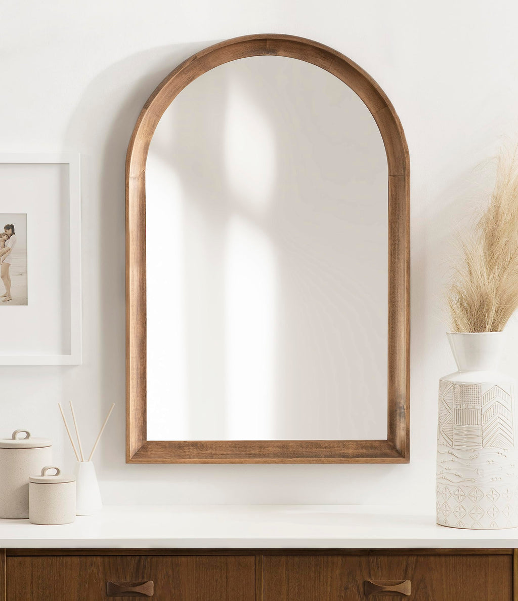 Hatherleigh Modern Transitional Arched Wooden Wall Mirror; 20 x 30; Rustic Brown; Decorative Wood Arch Mirror for Use
