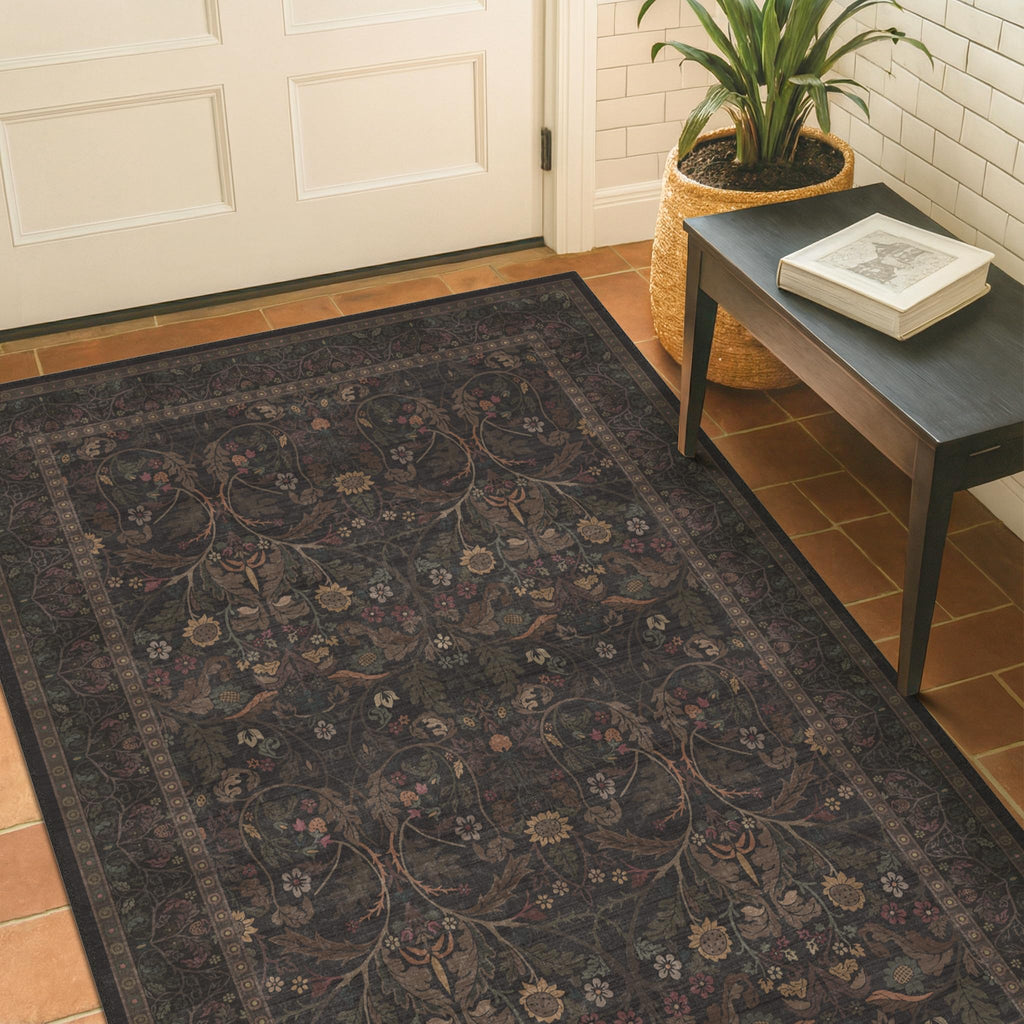 Rustic Brown Large Entry Way Area Rugs Indoor Washable - Non-Slip Low Pile Kitchen Floor Mats, Floral Botanical