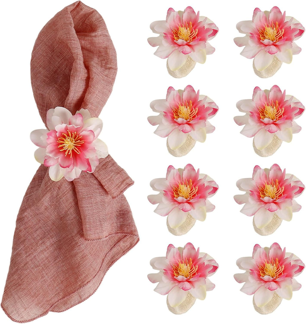 Pink Dahlia Flower Napkin Rings, Handmade Floral Napkin Rings with Jute Buckles Dinner Napkin Holder - Set of 8