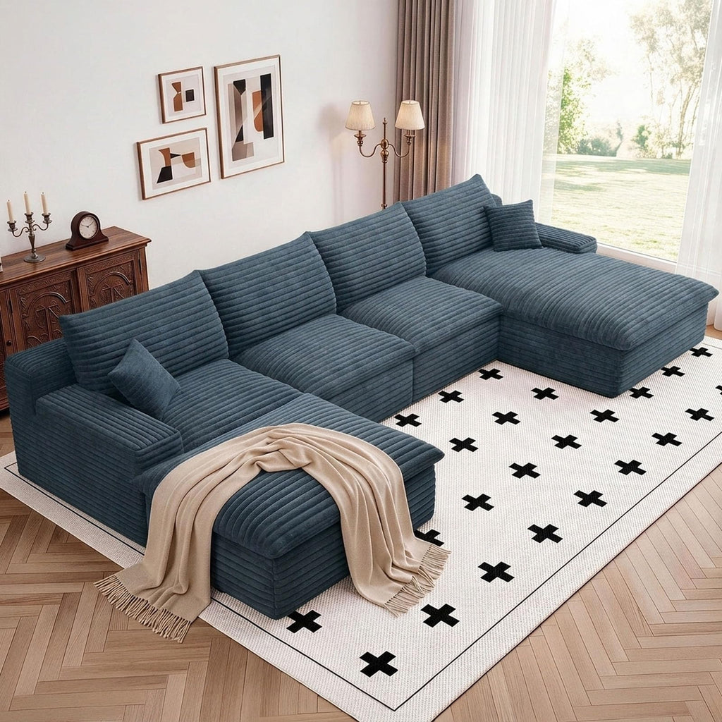 136" Cloud Sectional Couch with U-Shaped Chaise, Corduroy Viral Boneless Sofa with Ottoman, Memory Foam Couches in a