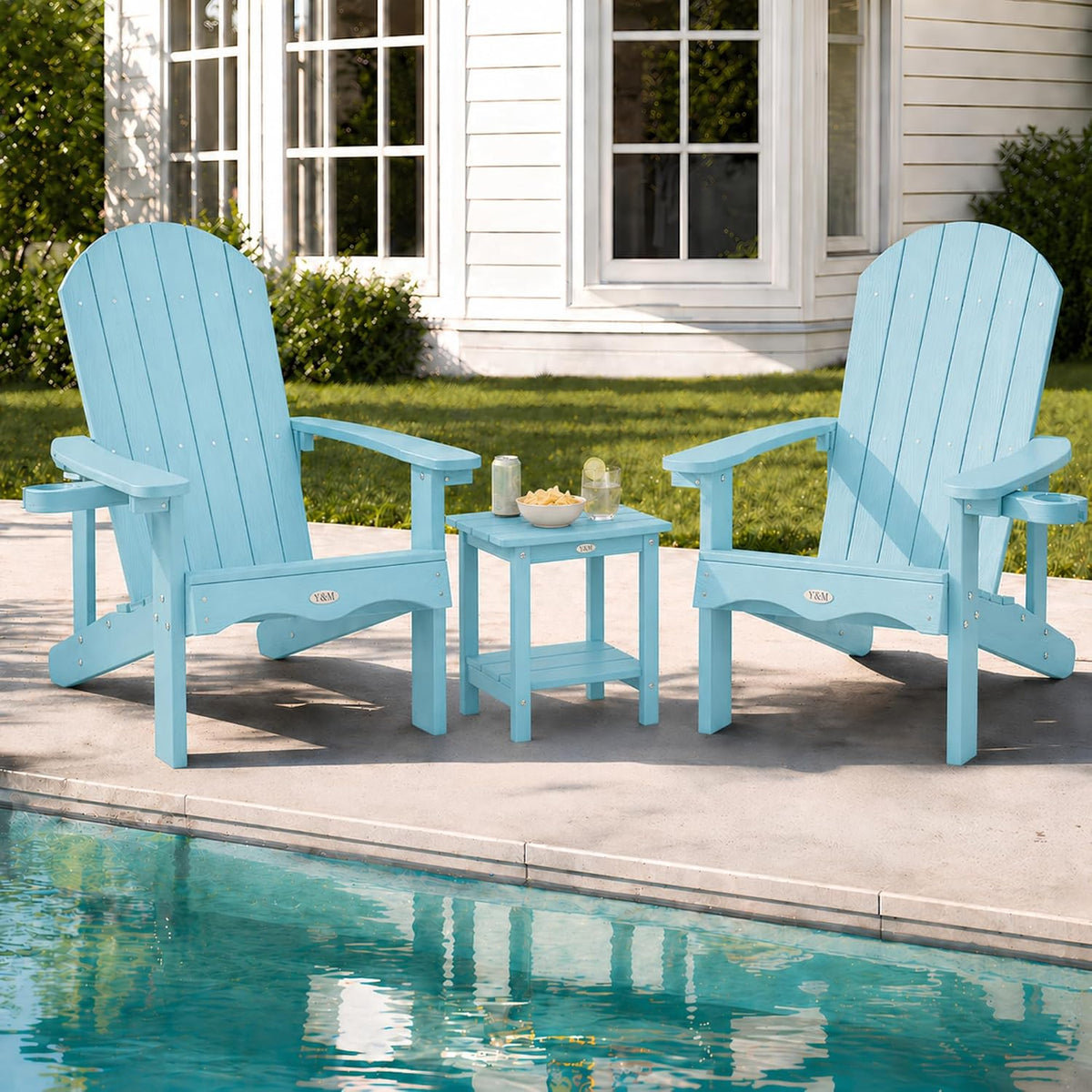 Adirondack Chair Set of 2 with Double Layer Side Table, HDPE Outdoor Patio Chairs, All Weather Plastic with Cup