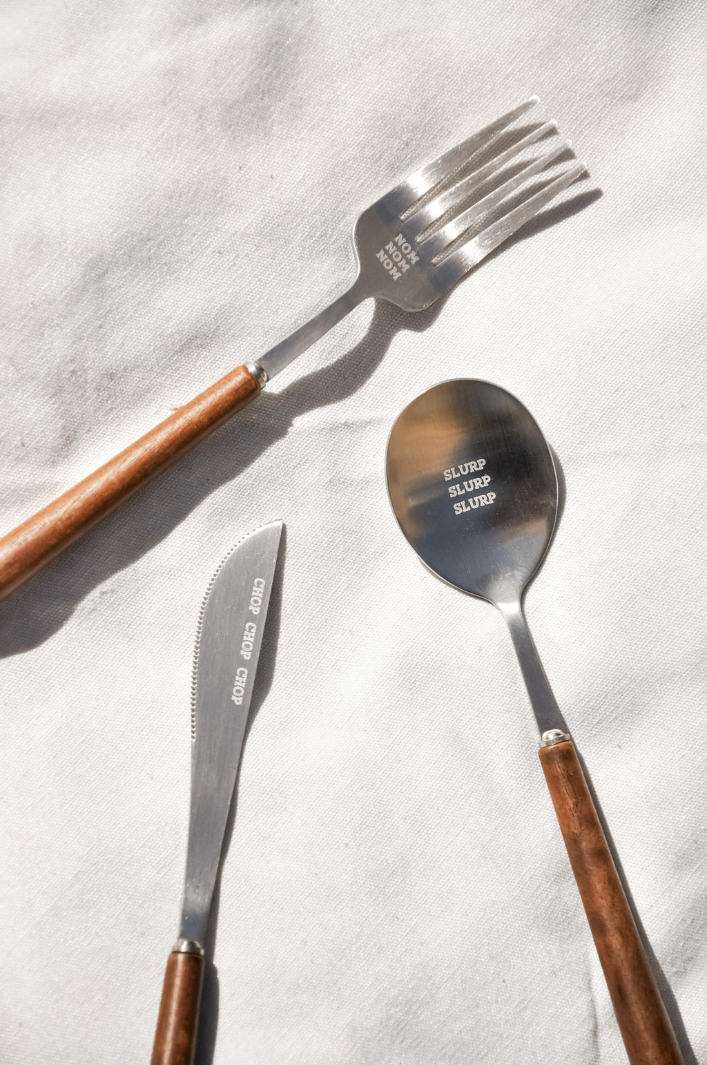 Fun Lightweight Stainless Steel Flatware Set with Walnut (4 Sets, NOM CHOP SLURP)