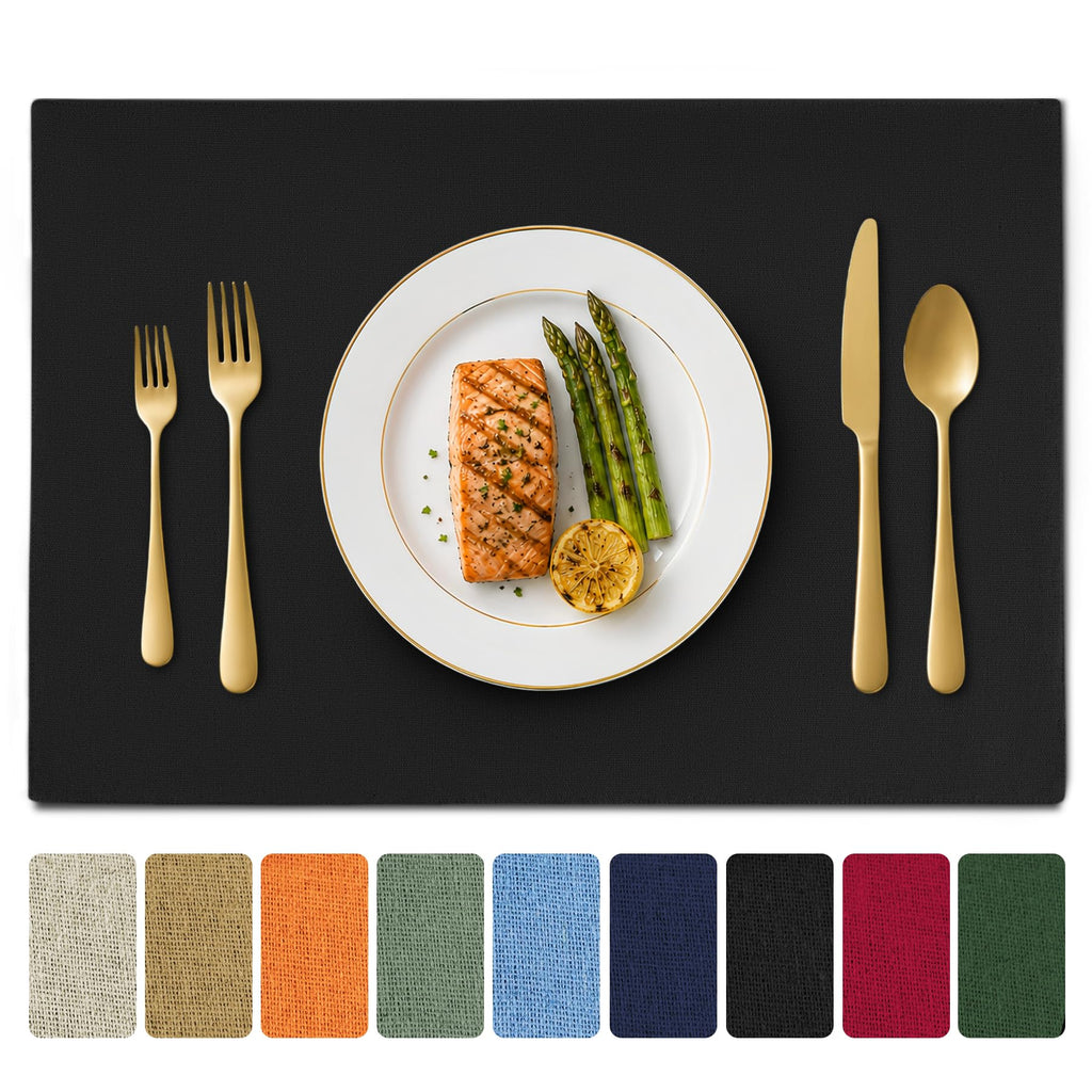 Black Cloth Placemats Set of 4, Faux Linen Cotton Table Place Mats