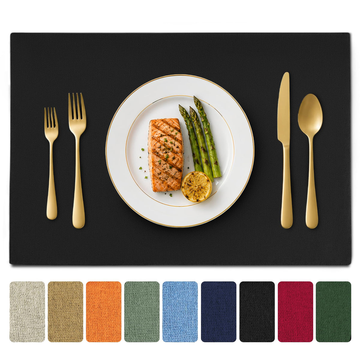 Black Cloth Placemats Set of 4, Faux Linen Cotton Table Place Mats