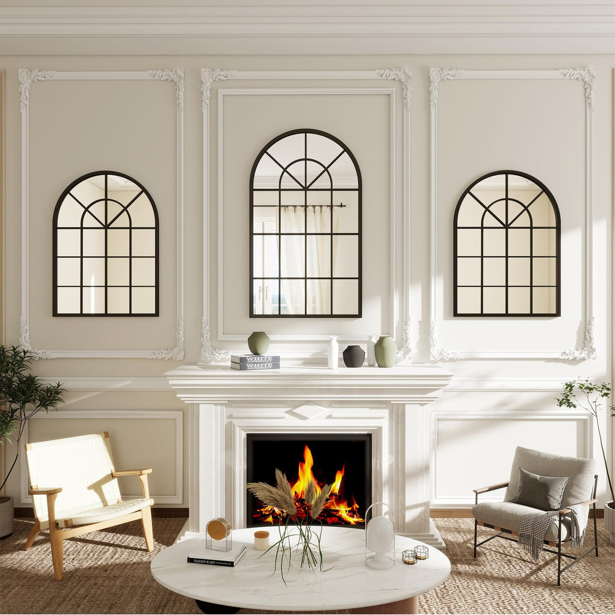 Arched Window Wall Mirror, 42"x24" Windowpane Mirror, Black