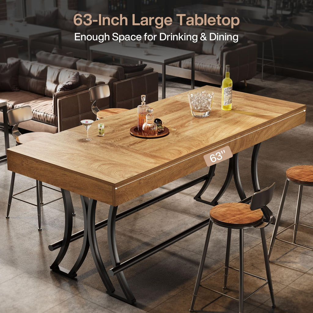 63" Counter Height Bar Table with Metal Footrest, Rectangular Tall Kitchen Dining Pub Table, Industrial Home Bar Unit