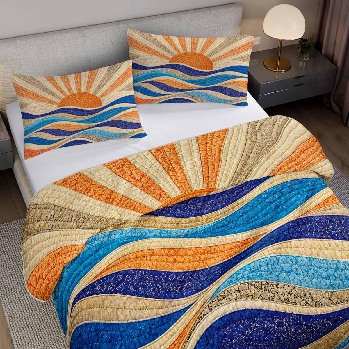 Retro Sun Ocean Wave Quilt Sets with 2 Pillowcases.