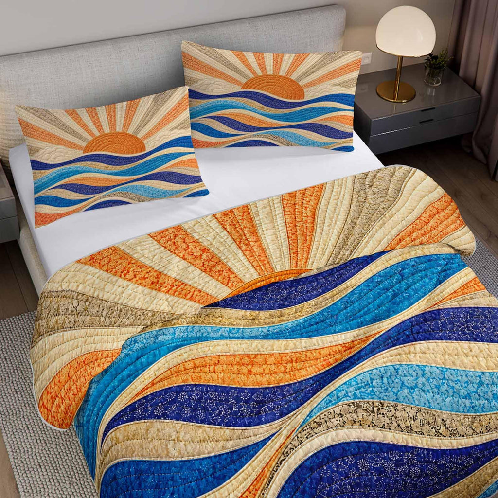 Retro Sun Ocean Wave Quilt Sets with 2 Pillowcases.