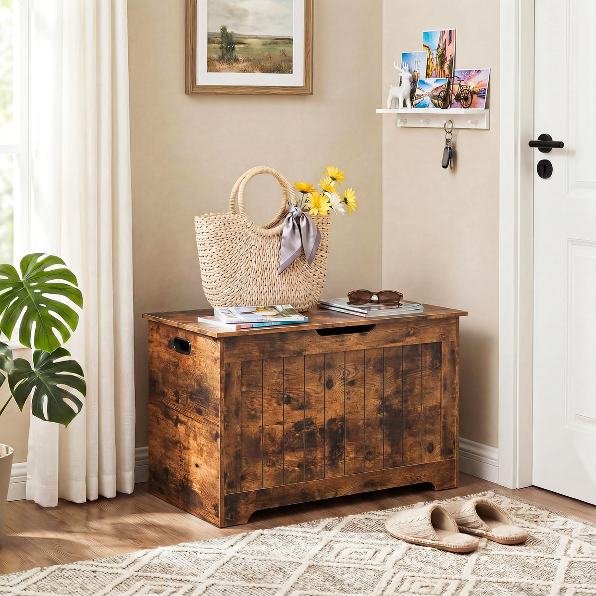 Storage Chest, Wooden Storage Bench with Flip-top Lid & Safety Hinge, Storing Trunk, Rustic Brown