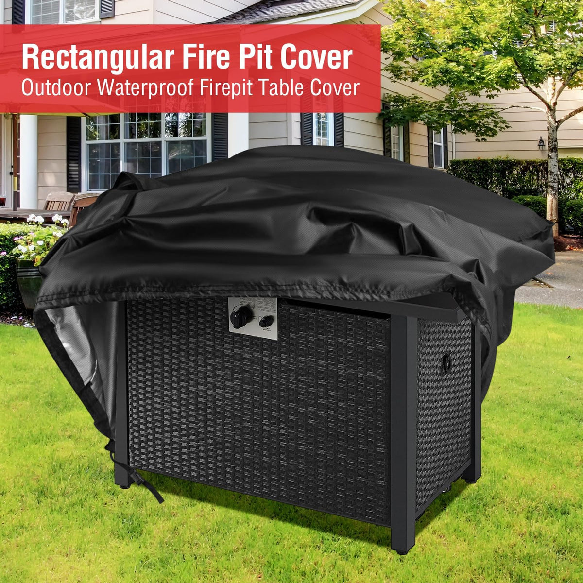 Fire Pit Cover Rectangular Waterproof 600D, 58 x 20 x 18 Inch Black