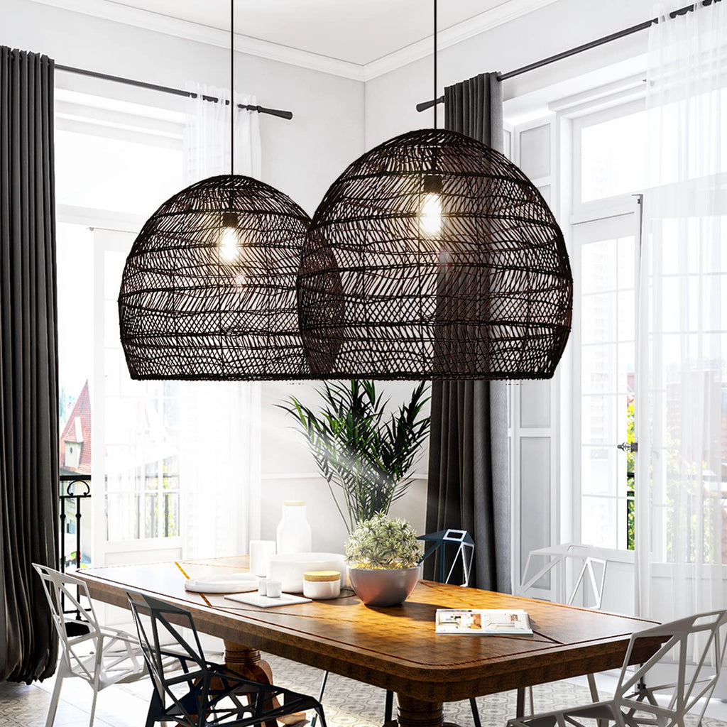 17.6" Black Kitchen Island Pendant Light, Rattan Shades Handmade Hanging Light Ceiling Light, Foyer