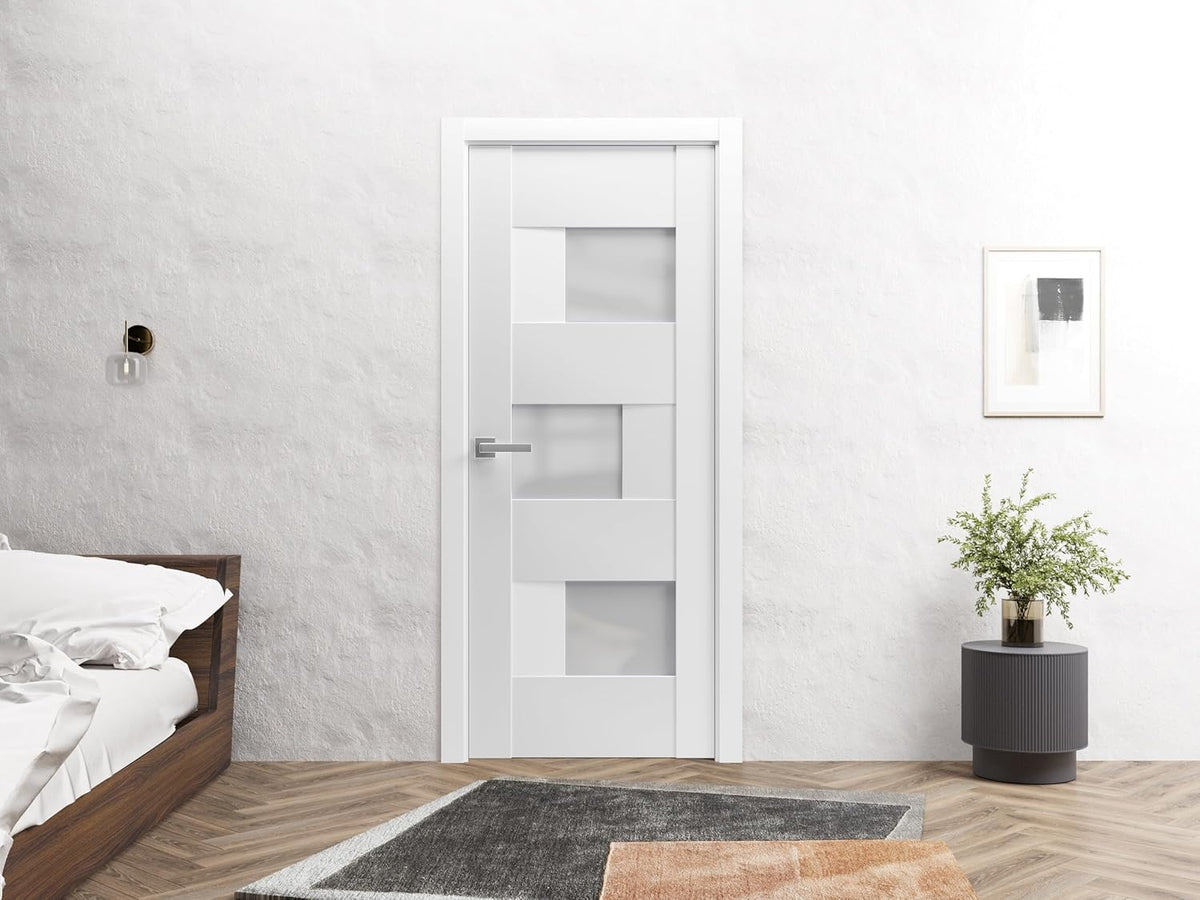 Solid French Door Opaque Glass 32 x 80 inches | Sete 6933 White Silk | Single Regular Panel Frame Handle | Bathroom Bedroom Modern Doors