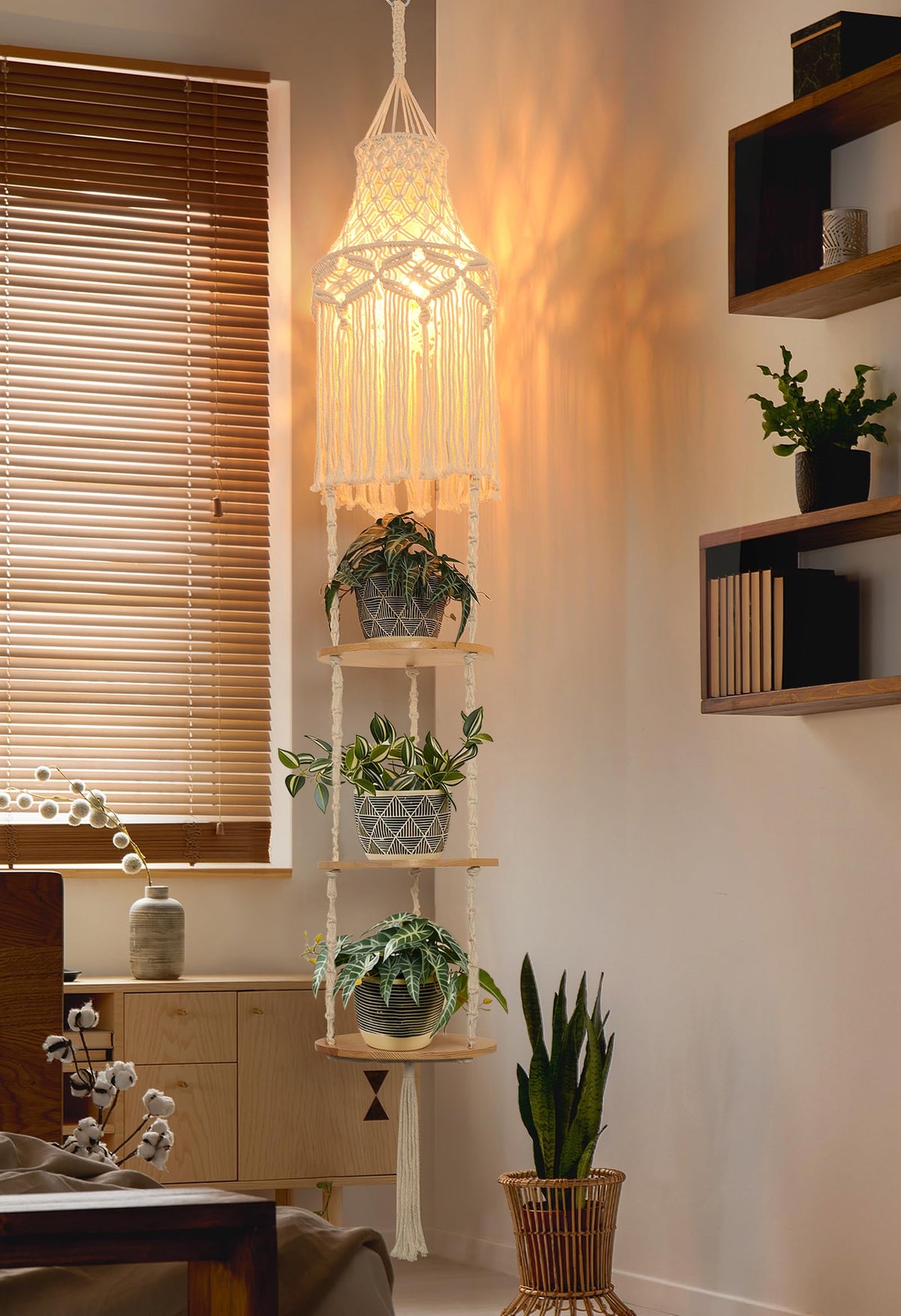3-Tier Macrame Hanging Lamp Shelf, Boho Corner Pendant Light with Plug Cord