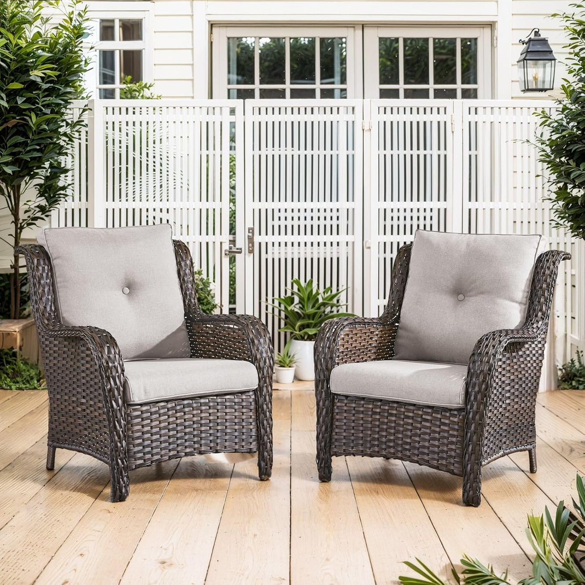 High Back Patio Chairs Set of 2 - Brown Wicker Outdoor Seating