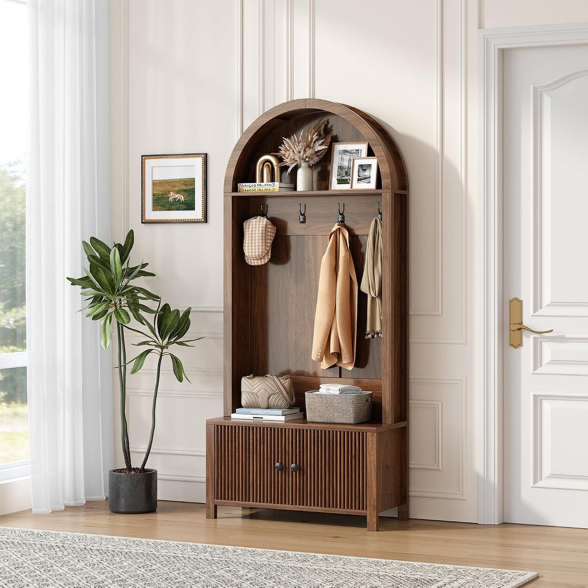 Hall Tree with Bench and Shoe Storage, 4-in-1 Mudroom Entryway Coat Rack & Shoe Storage Cabinet with 4 Hooks